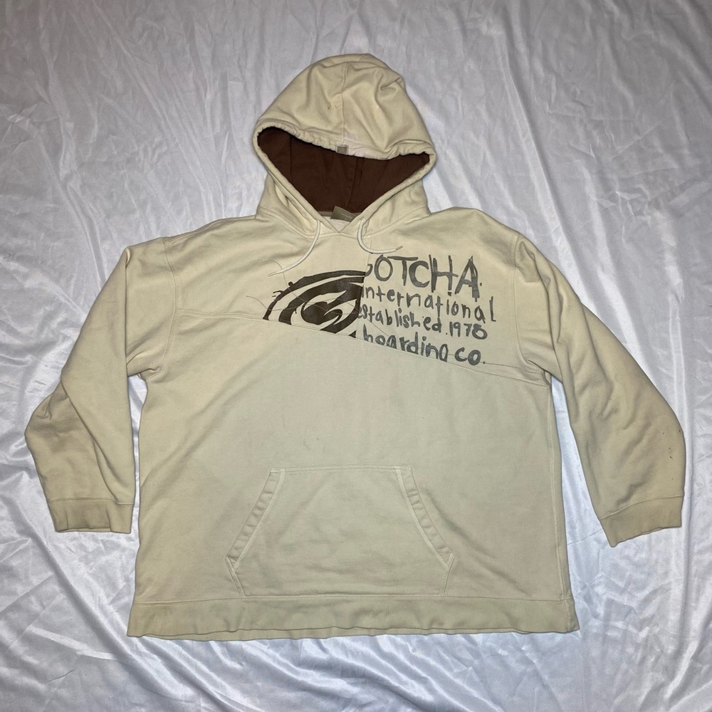 Vintage Gotcha Skateboards Cream/Brown Hoodie Sweatshirt Men's Size‎ 2XL